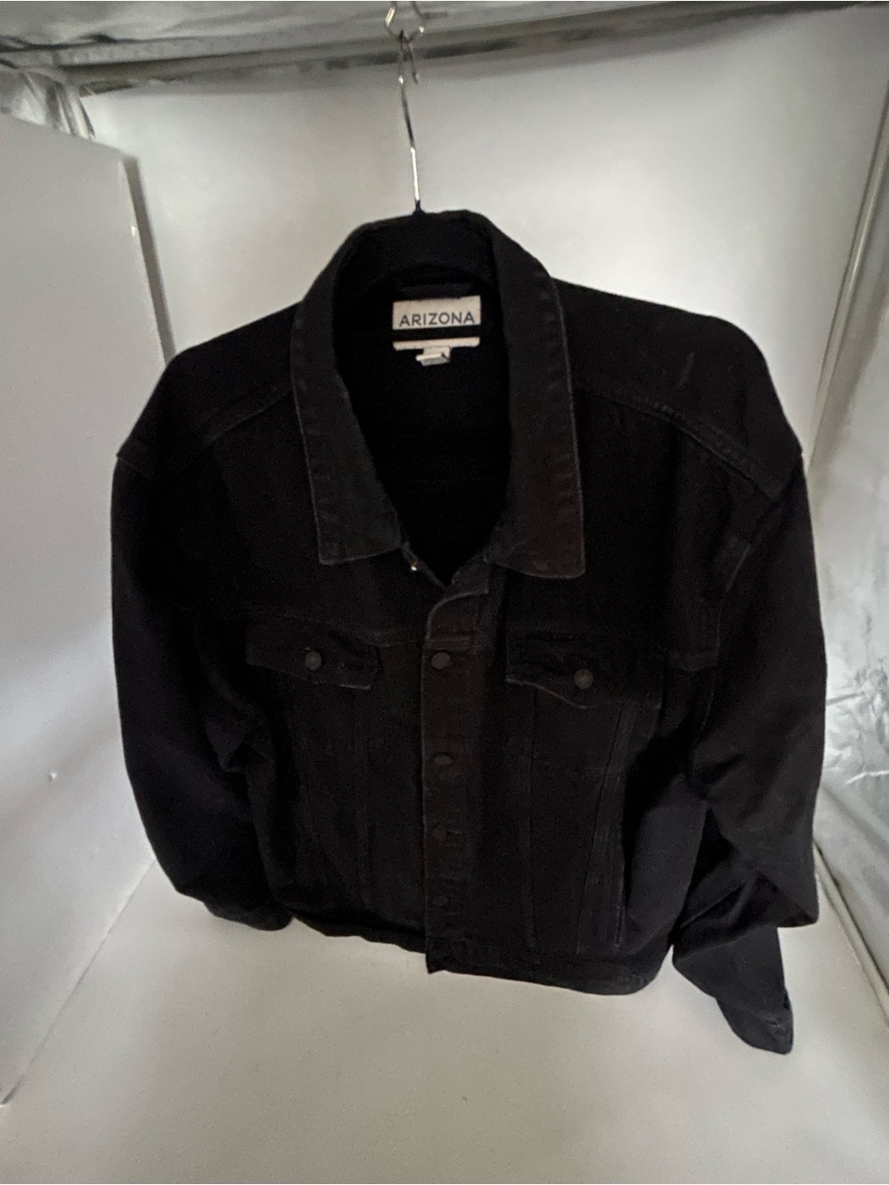 Arizona Jean Company Men's Black Denim Trucker Jacket Large Biker Patch on Back